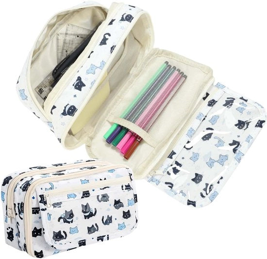 Etui con 4 compartimenti, grande capacità, etui con disegno gatto, adatto per ragazze, adolescenti e scuole, con più dividersi per spazio di archiviazione sufficiente