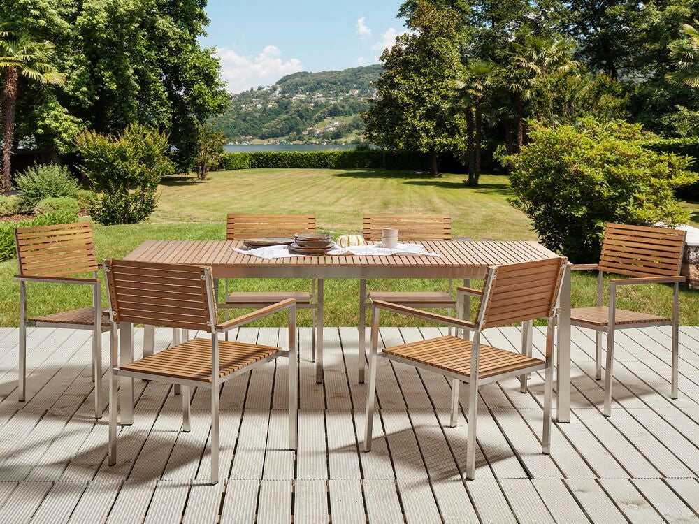 Set da pranzo da giardino in legno di teak struttura in metallo 6 posti 200 x 90 cm a doghe design moderno industriale per esterni