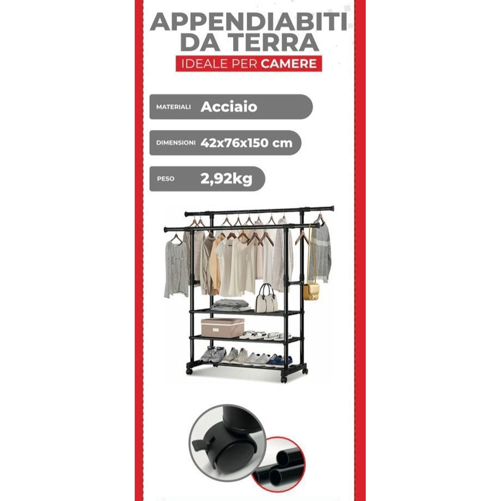 Trade Shop - Appendiabiti Da Terra Stand Con Ruote 3 Scomparti Portaoggetti Doppio Bastone A Scomparsa -