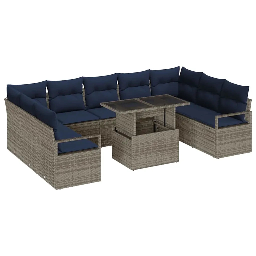 Set Divano da Giardino 10 pcs Grigio e Blu Navy Poly Rattan