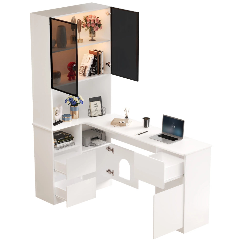 Scrivania angolare con libreria e vetrina LED 120×80×180 cm, bianco, MDF