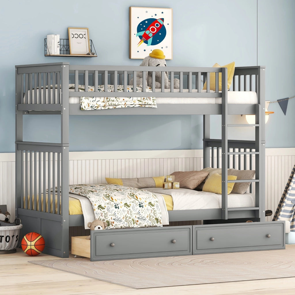 LETTO a castello convertibile 90x200 cm in pino grigio con 2 cassetti