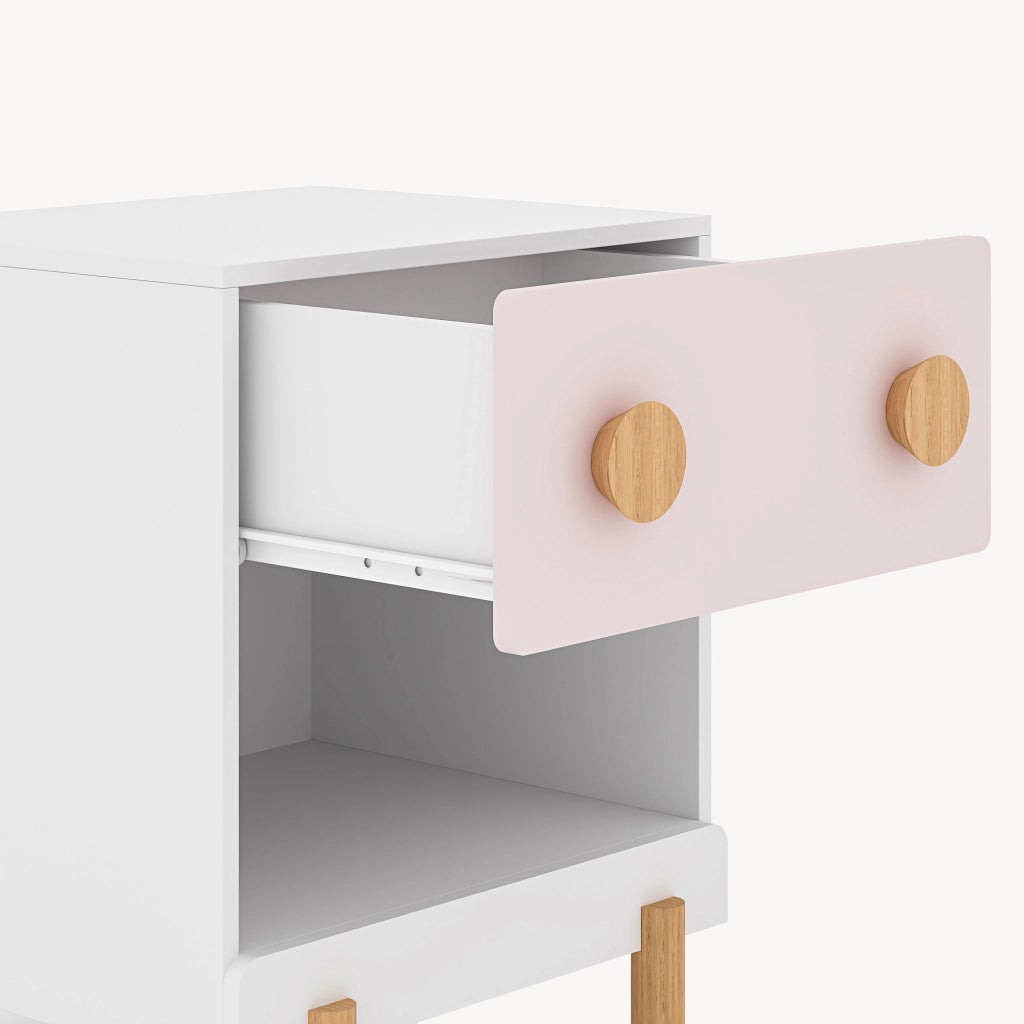 Comodino per Cameretta Vaarentaa con Cassetto e Scomparto Aperto 47x40x35 cm - Bianco/Rosa [en.casa]