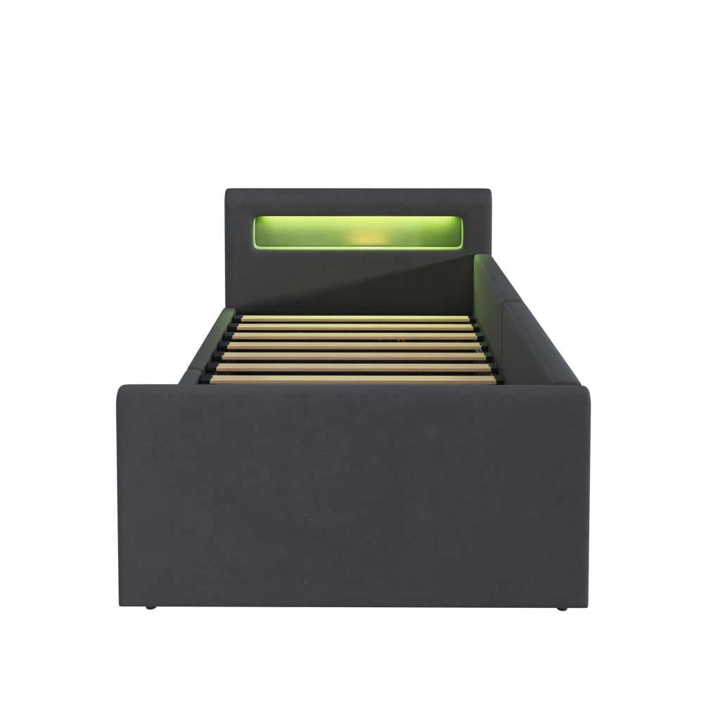 Letto imbottito per bambini 90x200 cm con LED; USB e contenitore idraulico; grigio scuro