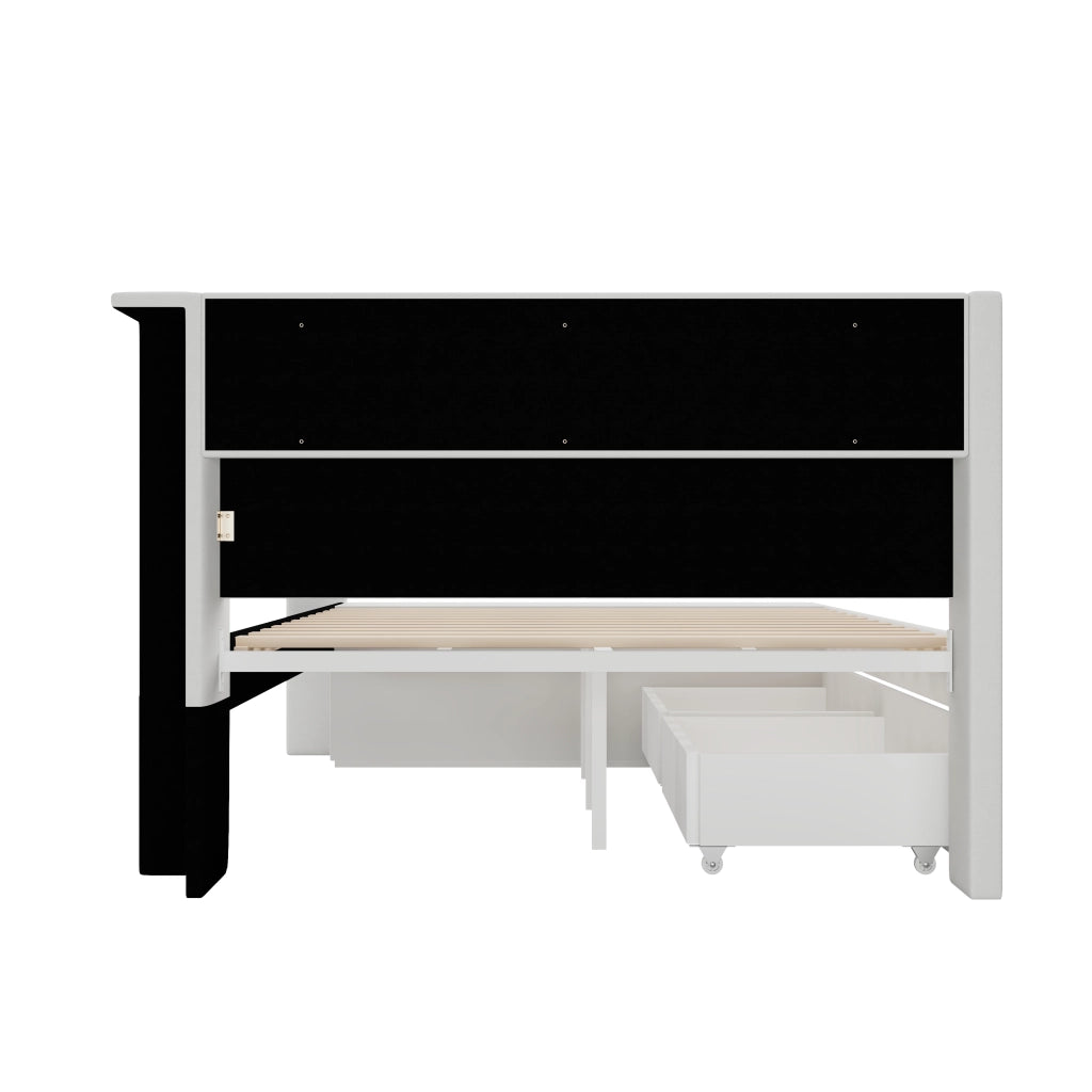LETTO imbottito 90x200 cm bianco con USB, LED, scarpiera e 2 cassetti