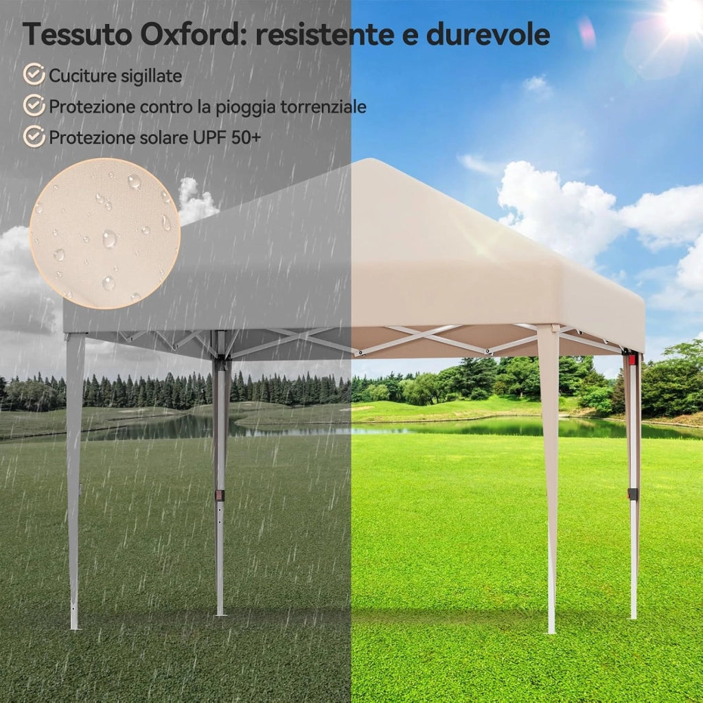 Gazebo 3x3 Pieghevole Impermeabile UPF50+, 3 Altezze Regolabili, Gazebo da Giardino Tende per 8-10 Persone, Gazebo Pieghevole con Borsa da Trasporto, per Giardini, Mercati, Feste, Beige