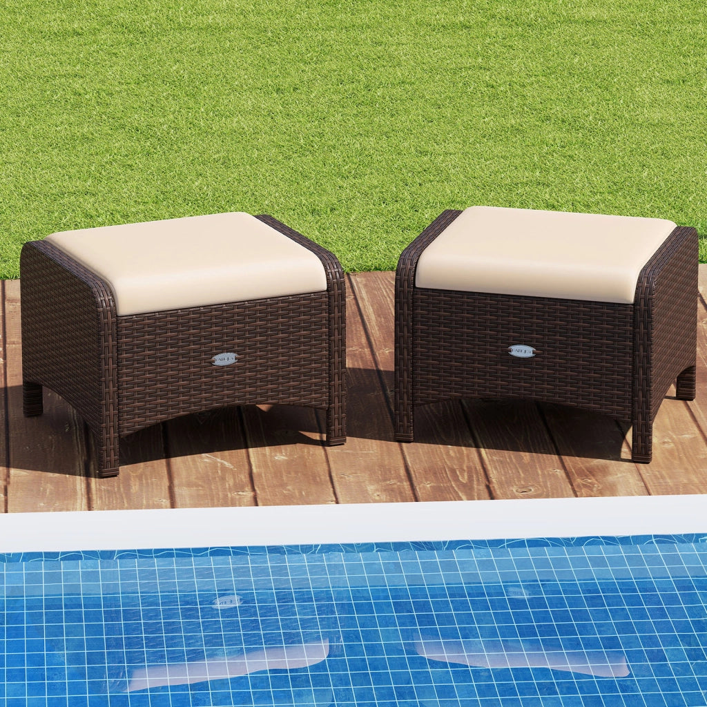 Set di 2 poggiapiedi da giardino in PE rattan con cuscino rimovibile, Pouf da esterno ottomano multiuso Beige
