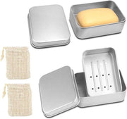 Set di contenitori di sapone in alluminio da 2 con sifone e sacchetto di sapone in sisal - Contenitore di sapone per uso domestico o da viaggio - Scatola metallica impermeabile