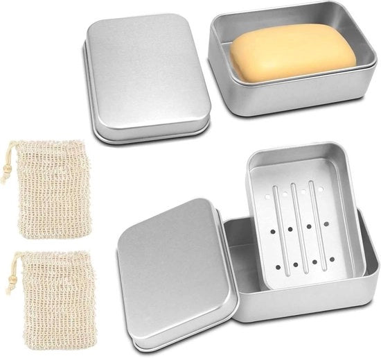 Set di contenitori di sapone in alluminio da 2 con sifone e sacchetto di sapone in sisal - Contenitore di sapone per uso domestico o da viaggio - Scatola metallica impermeabile