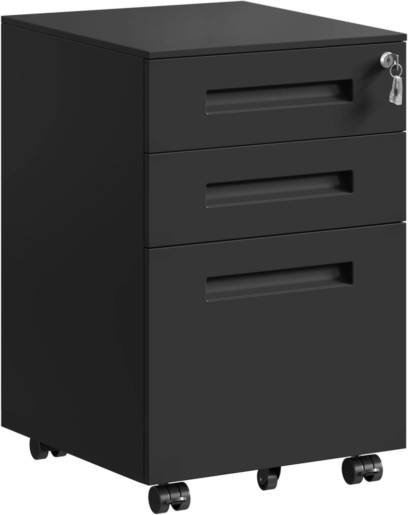 Cassettiera da Ufficio Scrivania Studio con Rotelle Mobiletto con 3 Cassetti e Serratura per Documenti Cartelle Sospese Cancelleria, Pre-Assemblato, metallo Nero SK023sz