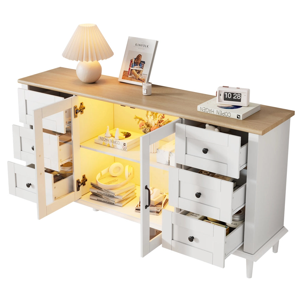 Credenza con 2 ante in acrilico; 6 cassetti e LED - per soggiorno - in MDF - 150 x 40 x 75 cm