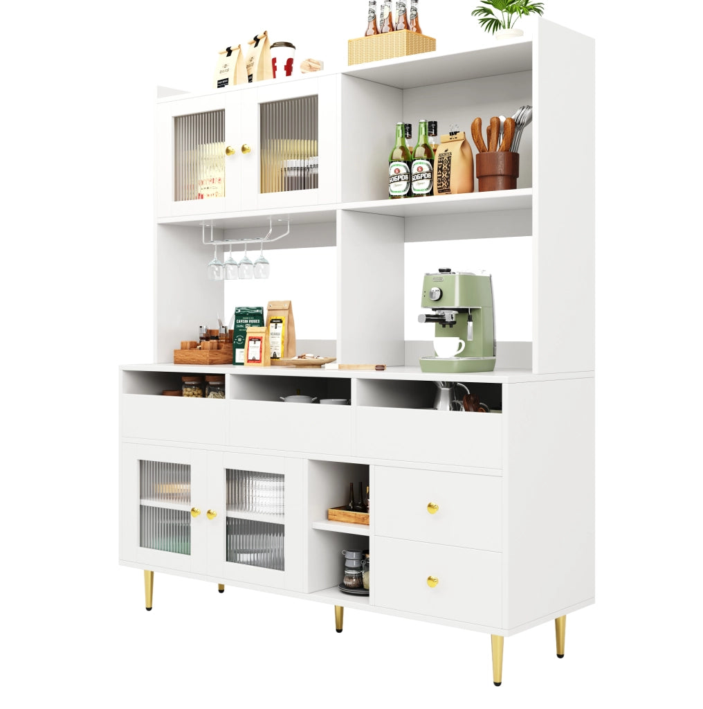 Credenza 145x39x171 cm con porte in vetro; portabottiglie e ampio spazio contenitivo in MDF bianco