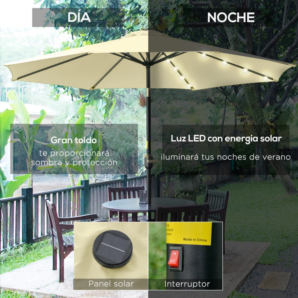 Ombrellone da Giardino con 32 LED Solari ¨C Xylo ¨C ?265 cm Beige Inclinabile con Manovella Acciaio