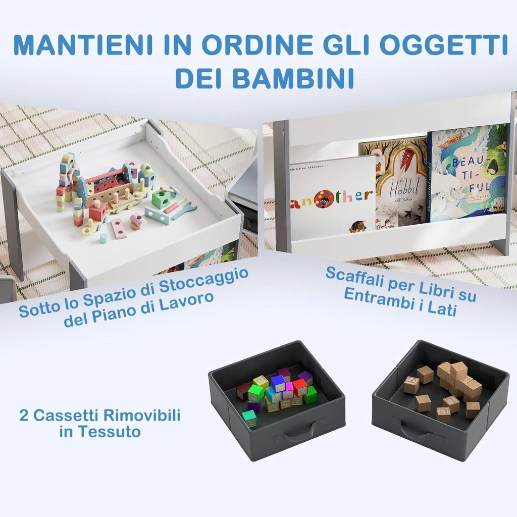 Set Tavolino Bambini con 2 Sedie per Bambini, Tavolo e Sedie 4 in 1 con Piano Doppa Faccia, Librerie Laterali e Scatola in Tessuto, Mobile Salvaspazio per Asilo e Cameretta (Grigio, Stile 2)