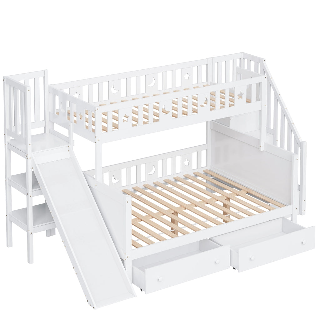 OKWISH Letto a Castello 90×200 cm e 140×200 cm, Letto 3 Posti con Scivolo, Ripiani e 2 Cassetti, senza Materasso, Bianco