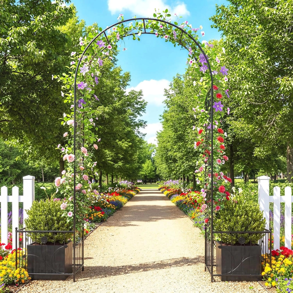 Arco da Giardino, Pergolato in Metallo con Fioriere Laterali, Arco da Esterno per Piante Rampicanti, Rose e Viti, Decorazione per Matrimonio e Festa, 198 x 49,5 x 221 cm