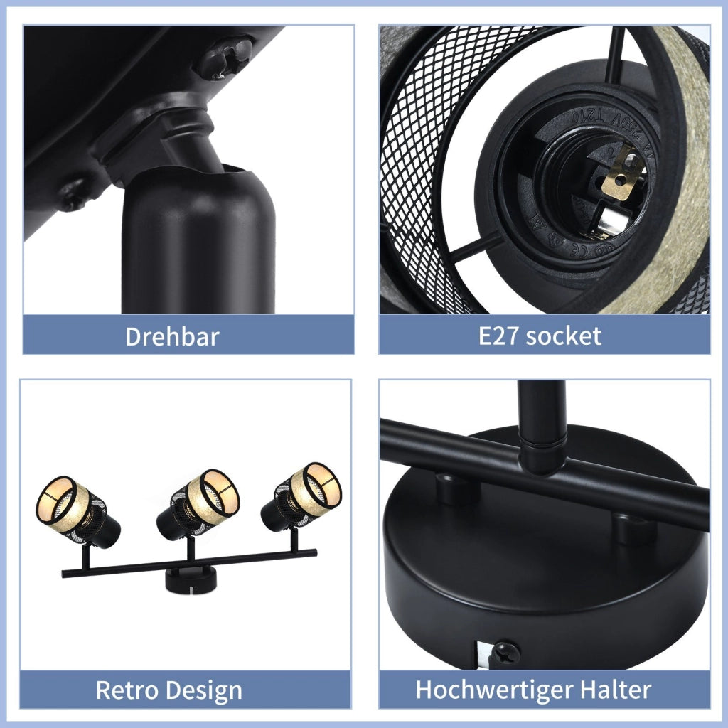ZMH Faretto da soffitto metallo 3 luci E27 max 25W paralume tessuto girevole 330° per soggiorno
