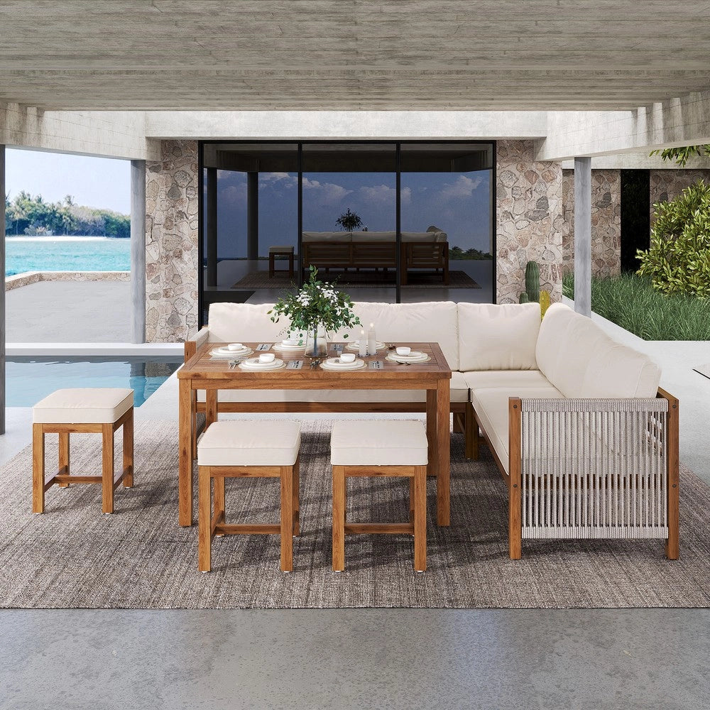 Set da giardino con divano angolare - Zephmum- Per 7-8 persone, tavolo e sedie in polirattano, cuscini, colore beige+naturale
