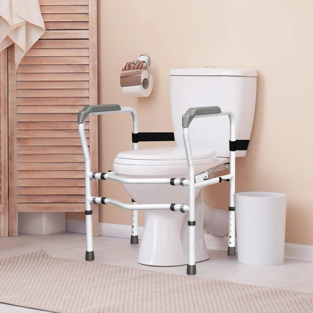 Supporto per WC, Supporto per WC con Altezza e Larghezza Regolabili e Dispositivi di Fissaggio Girevoli a 360°, Supporto per Bagno per Anziani Disabili