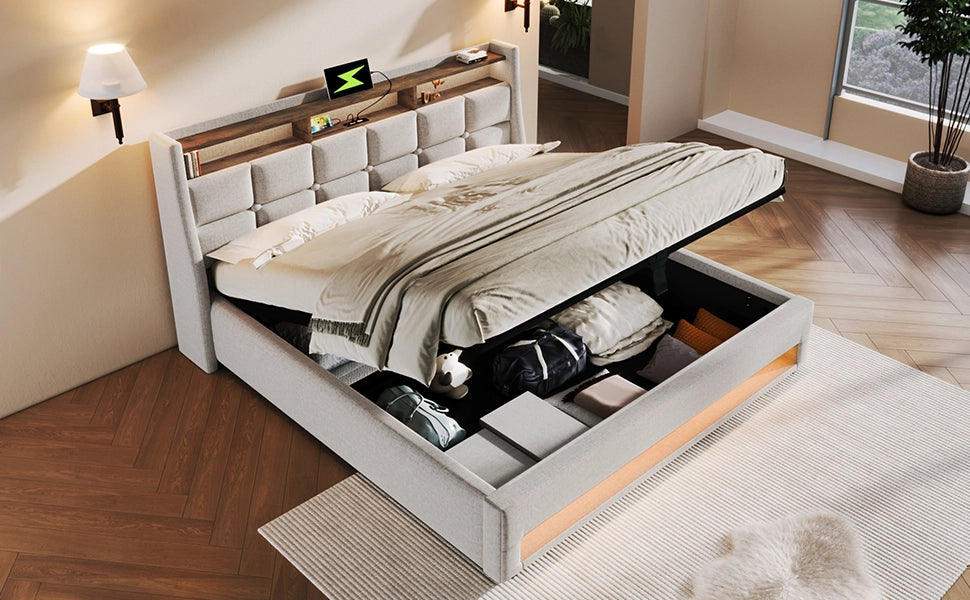 DESMIU Letto contenitore 140 × 200 cm 2 posti con USB, LED, vano letto e materasso, in lino, beige