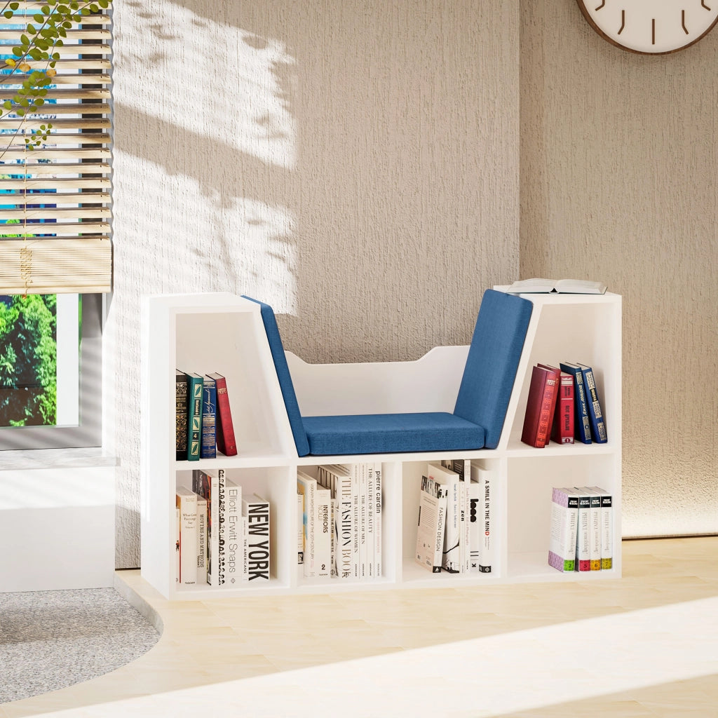 Libreria con seduta scaffale 6 cubi ¨C zephmum ¨C 102x30x61 cm bianco e blu