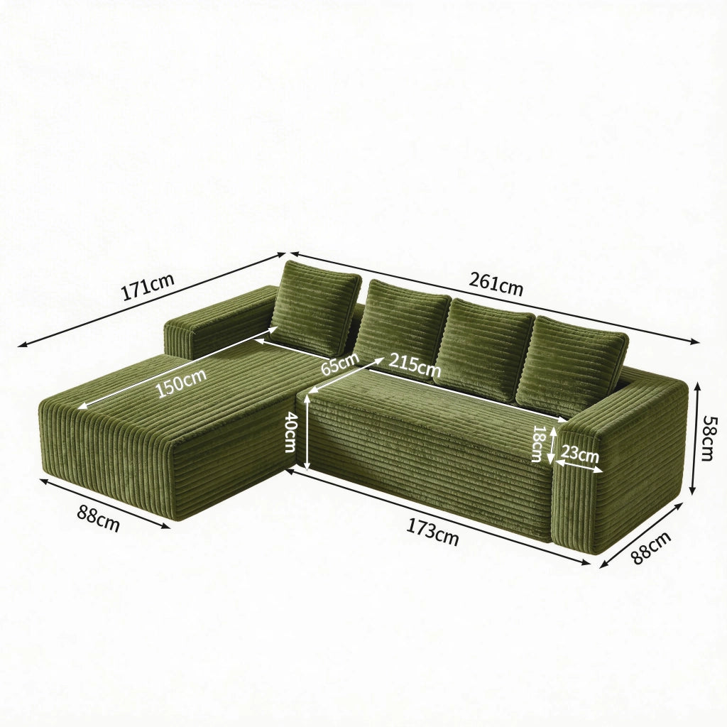 Divano Angolare con Chaise Longue ¨C Xylo ¨C Verde, Velluto a Coste, Penisola Destra