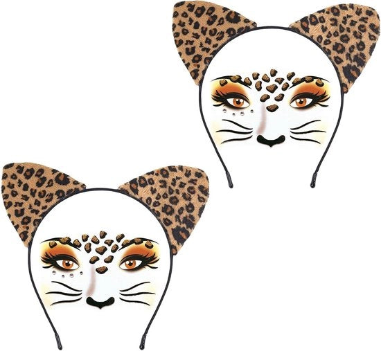 Accessori da 4 pezzi con cappello con orecchie di leopardo e adesivi di tattoo con facce di animali Tatto di leopardo con orecchie di gatto per adulti e bambini costume per cosplay