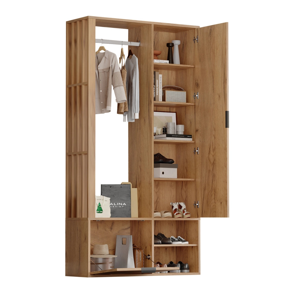 Armadio ingresso 100x33x190 cm in truciolare naturale con specchio e 9 vani