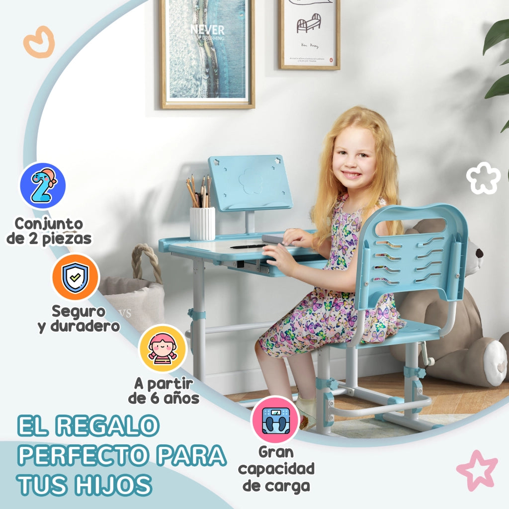 Scrivania per Bambini Regolabile ¨C zephmum ¨C Cassetto, Ripiano, Angolo Aggiustabile 80x49.5x82-104 cm Blu e Bianco