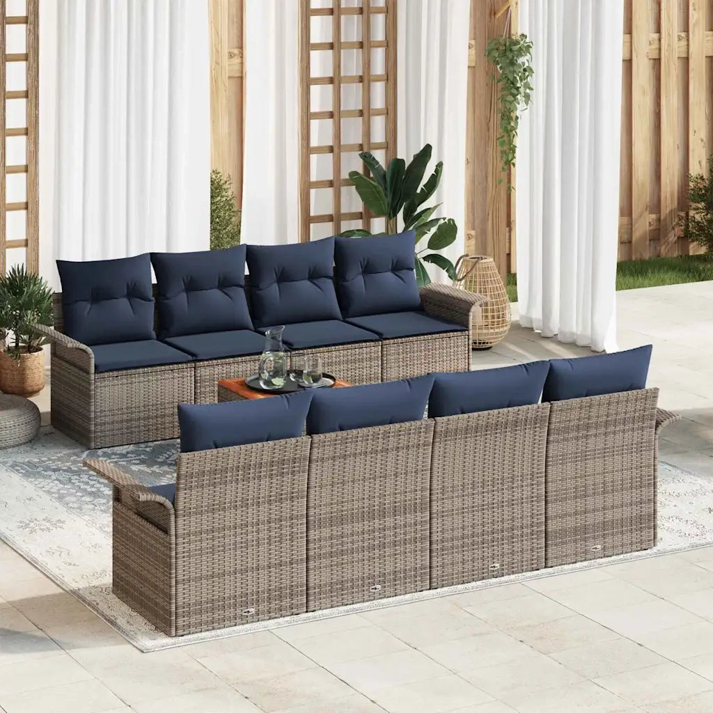 Set Divano da Giardino 9 pcs Grigio e Blu Navy polyrattan