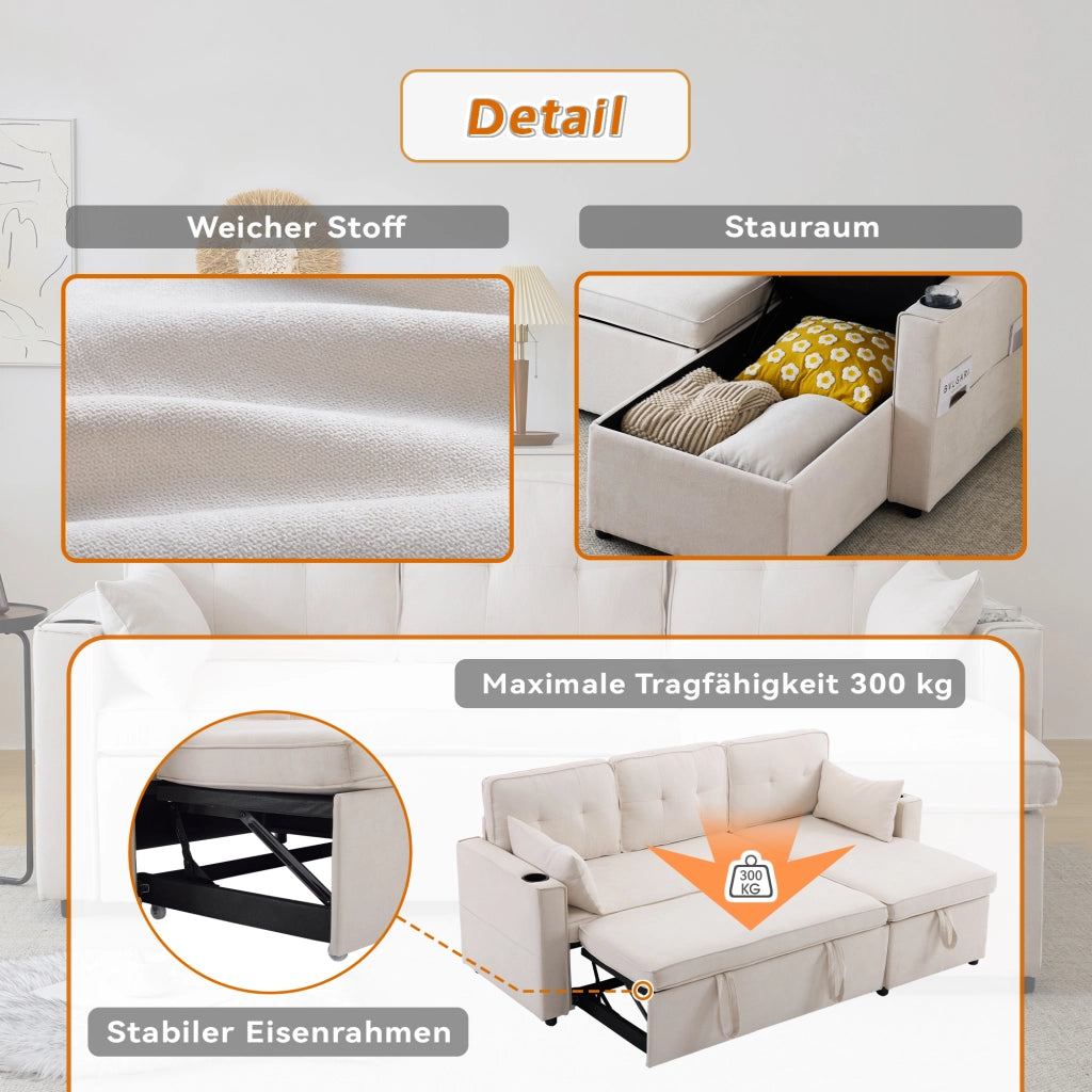 Divano Letto ad Angolo con Chaise Longue Reversibile; Contenitore e Portabicchieri; in Cotone e Lino Beige