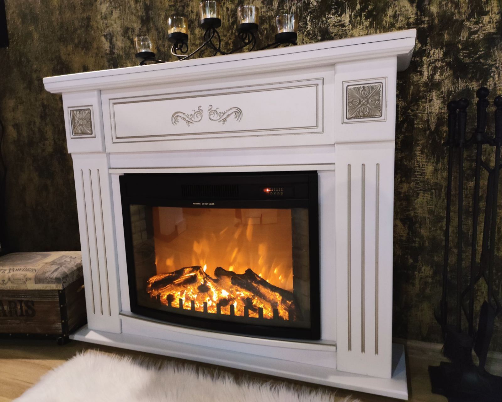 Camino Elettrico da Pavimento 93,3x111,7x27 cm Effetto Fiamma 1500W Diana & Zakinthos Bianco