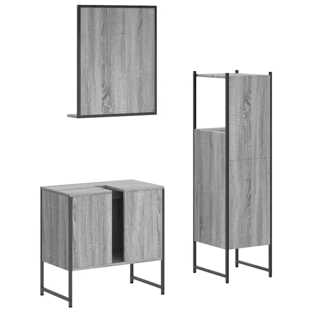 Set Mobili da Bagno | Armadio da bagno 3 pz Grigio Sonoma in Legno Multistrato