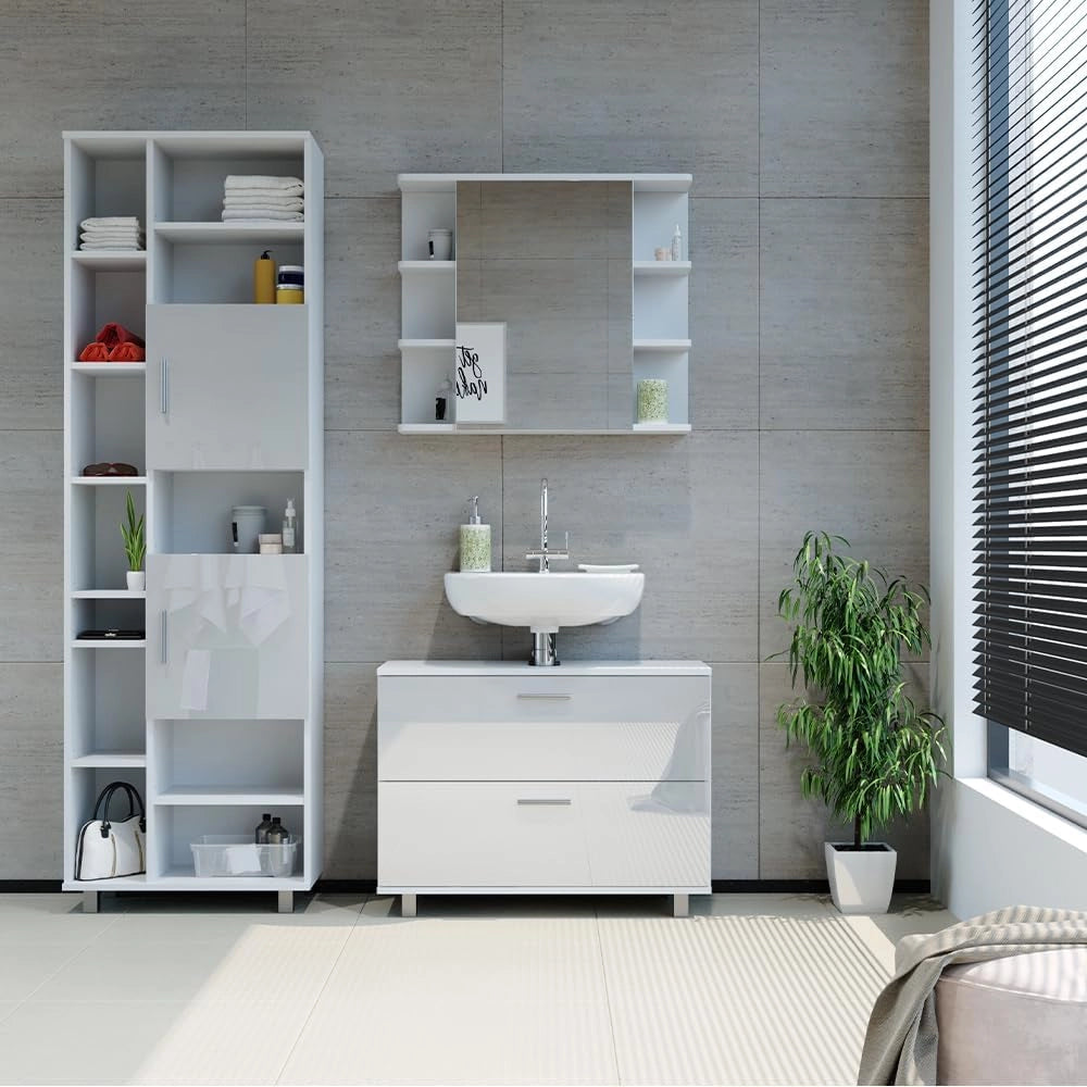 Set di mobili da bagno Ilias, Bianco lucido, 80.2 cm, composto da mobile sottolavabo, specchiera e colonna alta