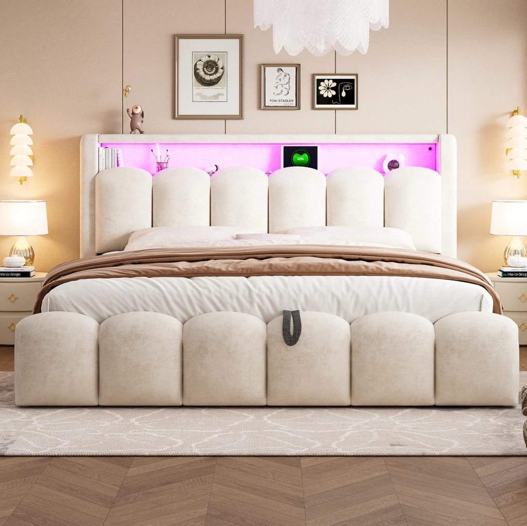 Letto matrimoniale imbottito 180x200 cm con contenitore; LED; USB e Type-C; velluto beige
