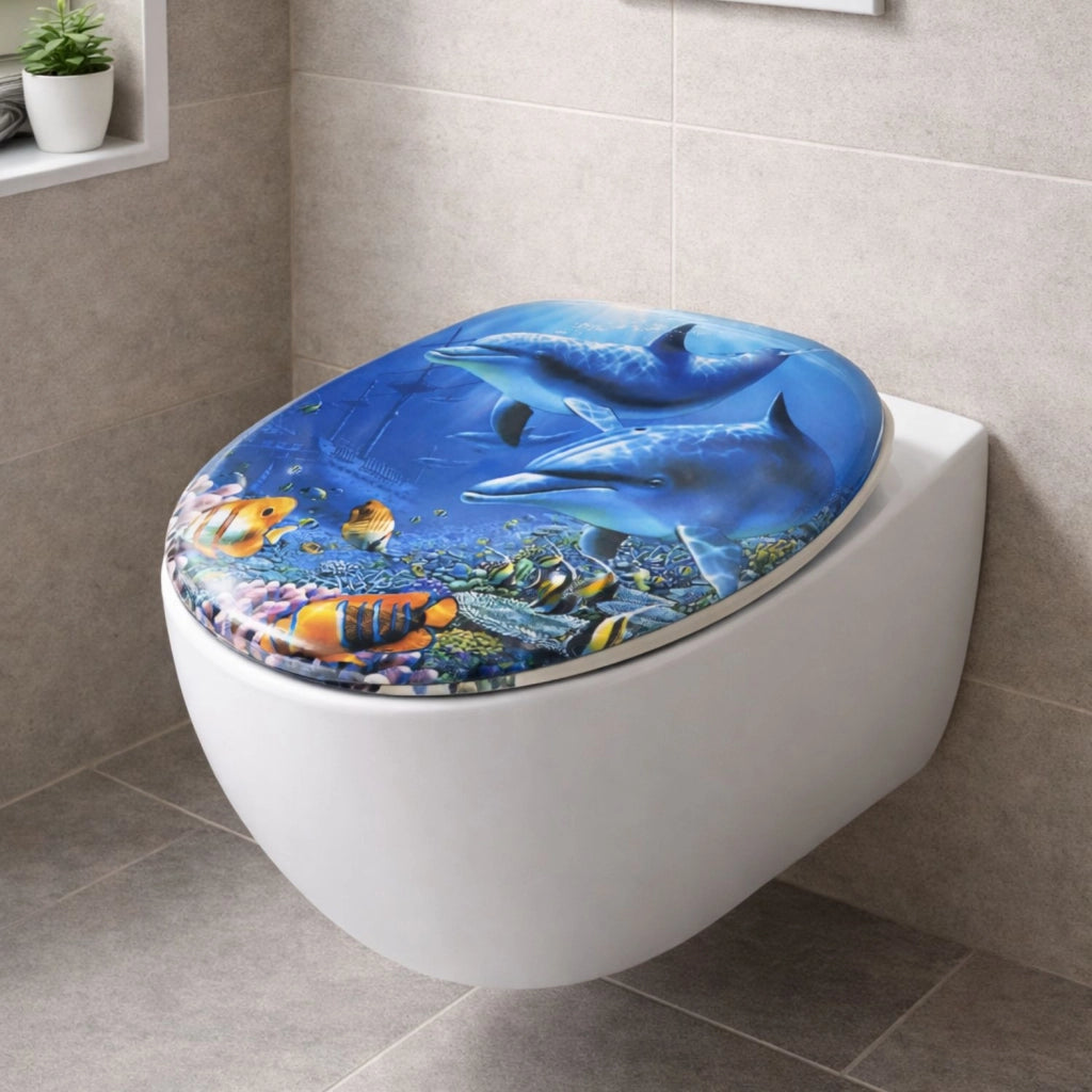Sedile wc copri vater universale frizionato fantasia in mdf chiusura rallentata *** fantasia delfino, confezione 1
