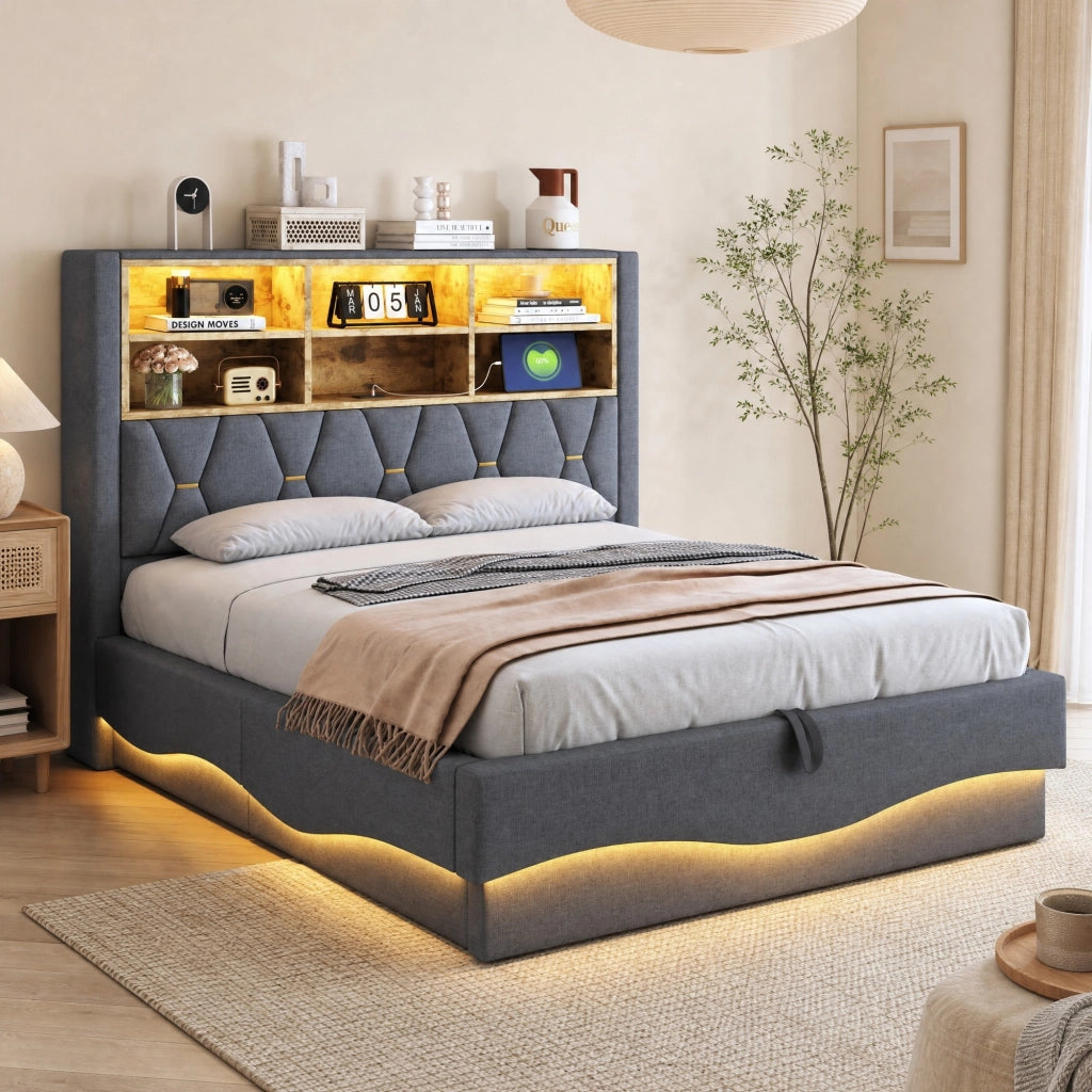 LETTO Contenitore 140x200 cm Grigio con LED, USB e struttura in metallo