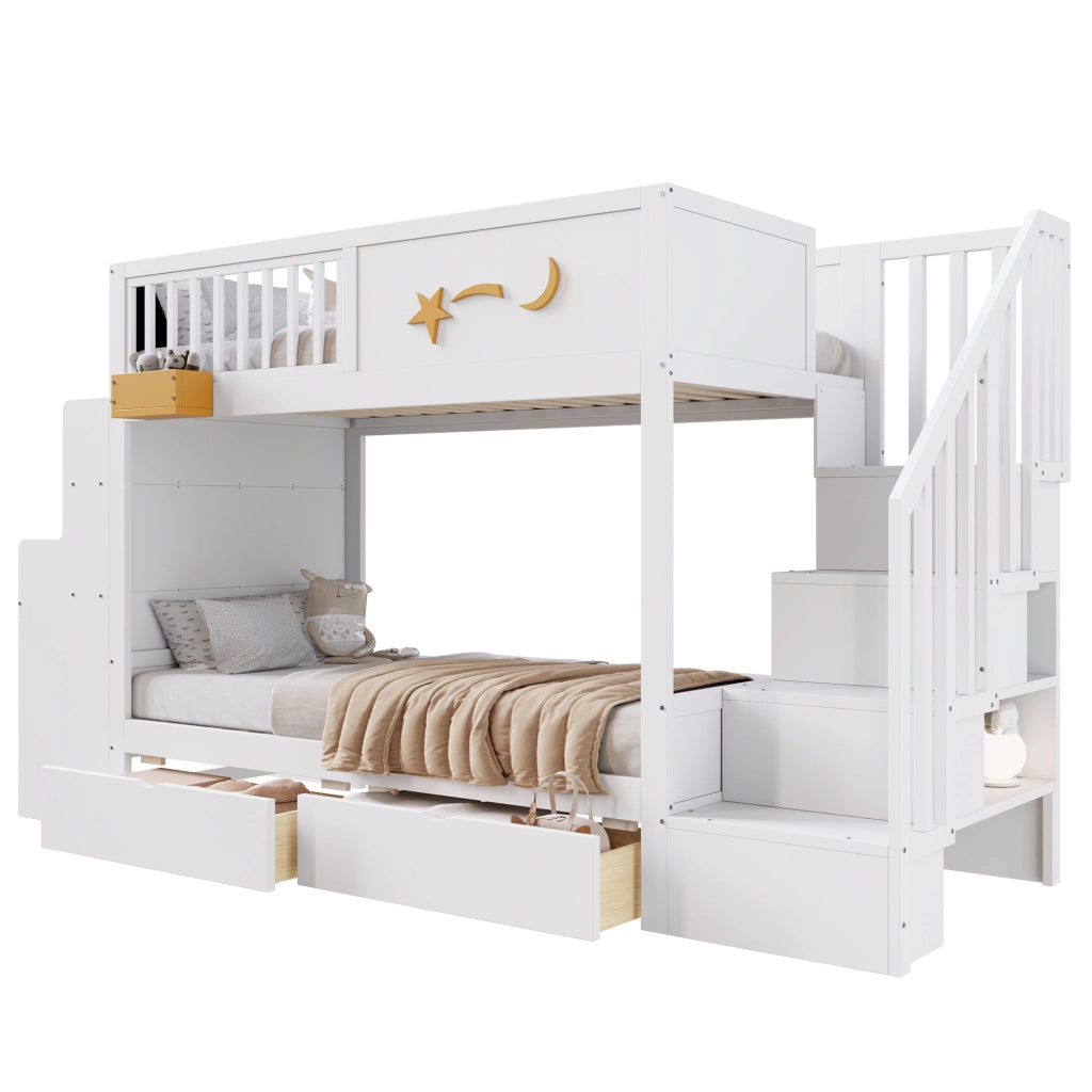Letto a Soppalco Letto Singolo con 2 Cassetti; Scala di Sicurezza e Scrivania 90×200 cm; senza Materasso; Bianco