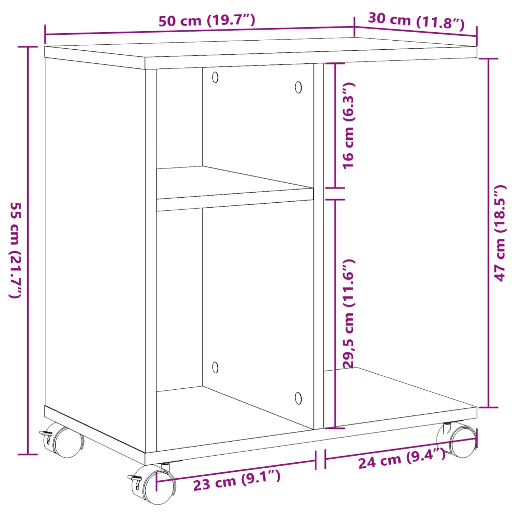 Tavolino | Tavolo laterale con Ruote Grigio Cemento 50x30x55 cm Legno Multistrato