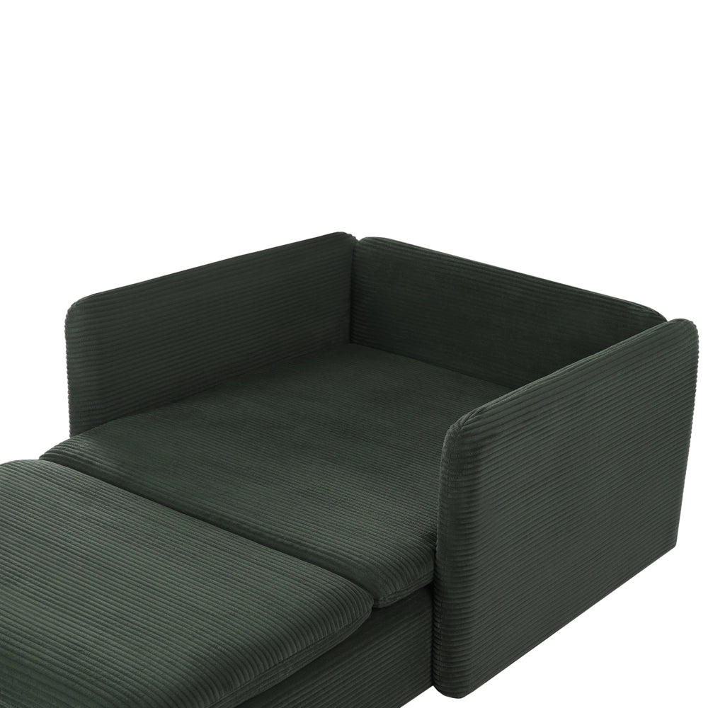 Chaise longue in velluto a coste verde scuro, imbottita con cuscini, design moderno