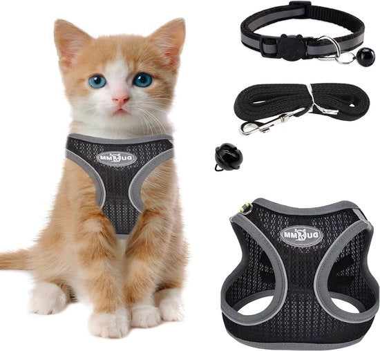 Catena per gatti con cinturino regolabile, collare resistente allo scappamento, rete respirabile e estremità riflettenti, taglia XXS, colore nero.