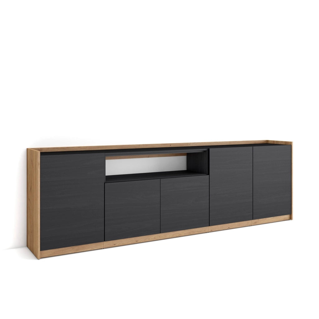 Credenza, Mobile, Cucina, 260x80x37 cm, 5 Porte, grande stoccaggio, Nero e rovere