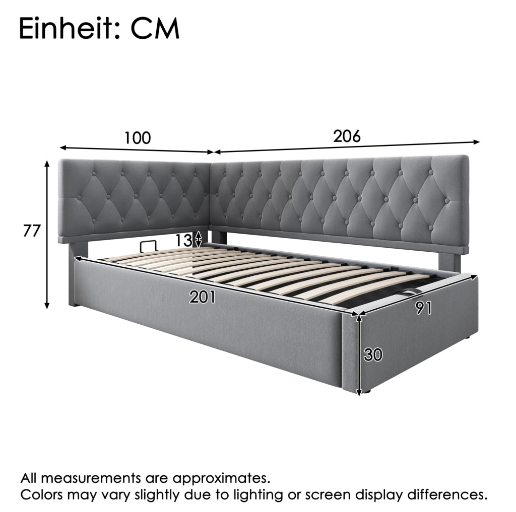 Letto imbottito 90x200 cm in velluto grigio con contenitore idraulico; testiera reversibile