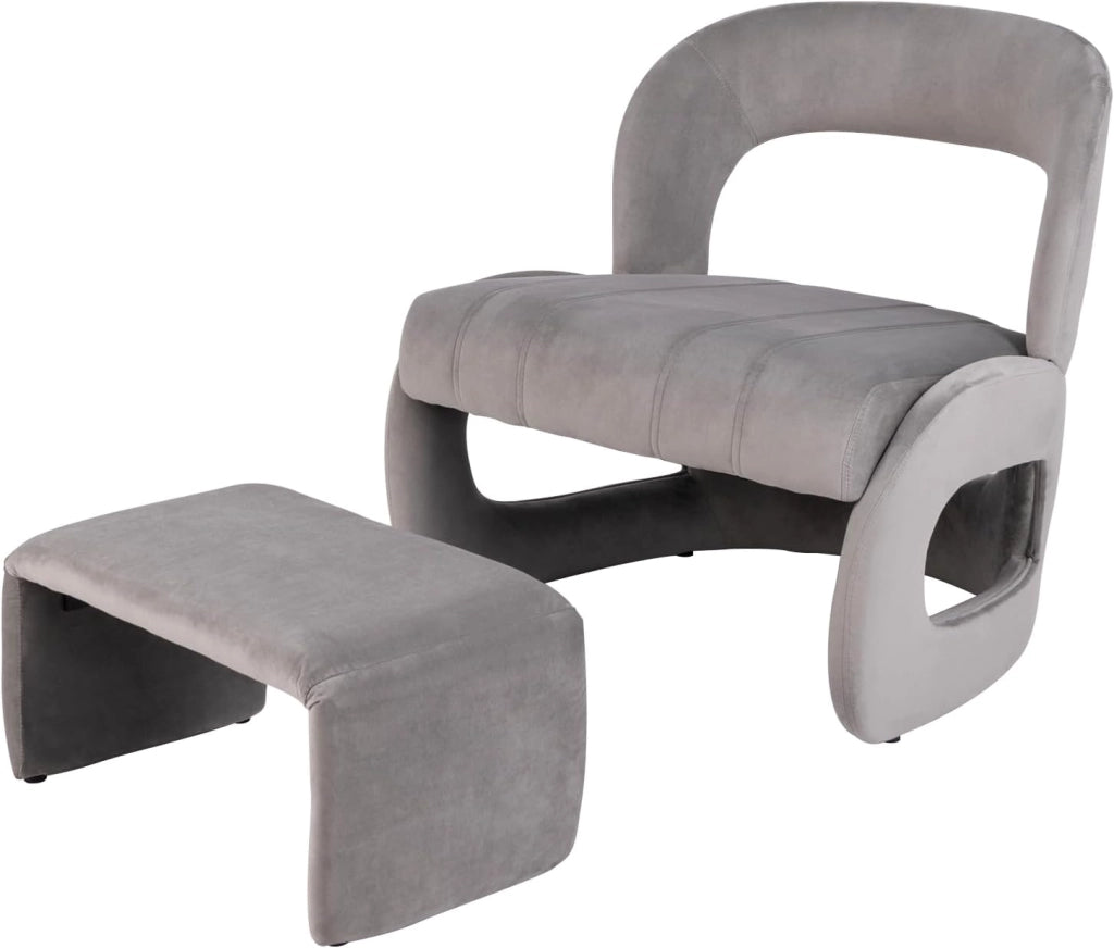 Poltrona con Pouf, Set Poltrona e Poggiapiedi in Velluto con Schienale Curvo, Seduta Imbottita in Spugna, Piedini Antiscivolo, Design Salvaspazio per Soggiorno, Camera da Letto, Grigio