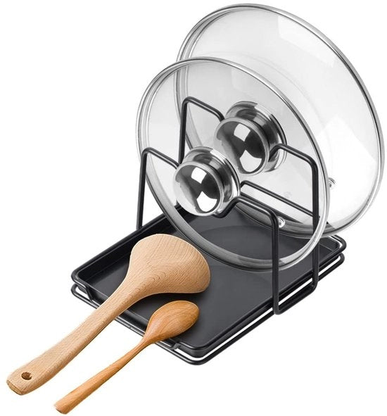 Organizzatore per contenitori e bicchieri 2-in-1 - Supporto per coperchi e bicchieri - Lekbak - Multifunzionale - Bianco, Acciaio/PS - Organizzatore per la cucina