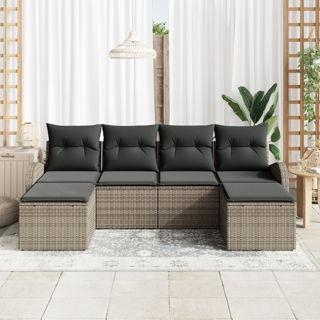 Set Divano da Giardino 6 Pezzi con Cuscini Grigio Rattan Sintetico