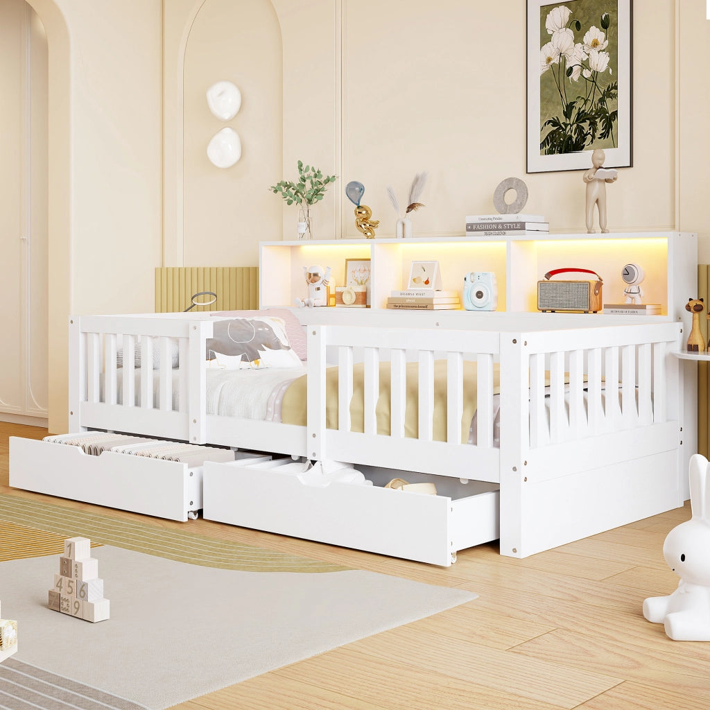 Letto per bambini 90x200 cm con sponda di sicurezza, 2 cassetti, ripiani integrati e LED, bianco