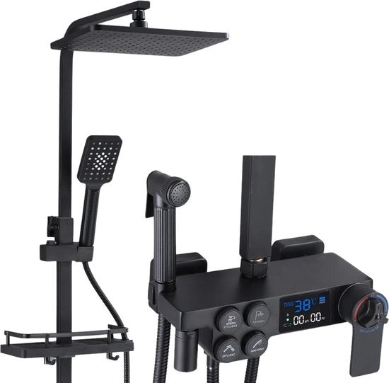 Set di doccia con doccia a pioggia - Set di doccia - Docce a pioggia - Doccia a pioggia con rubinetto a termostato - Quadrato - Regolabile - Display temperatura - Rotativo 360° - Nero lucido