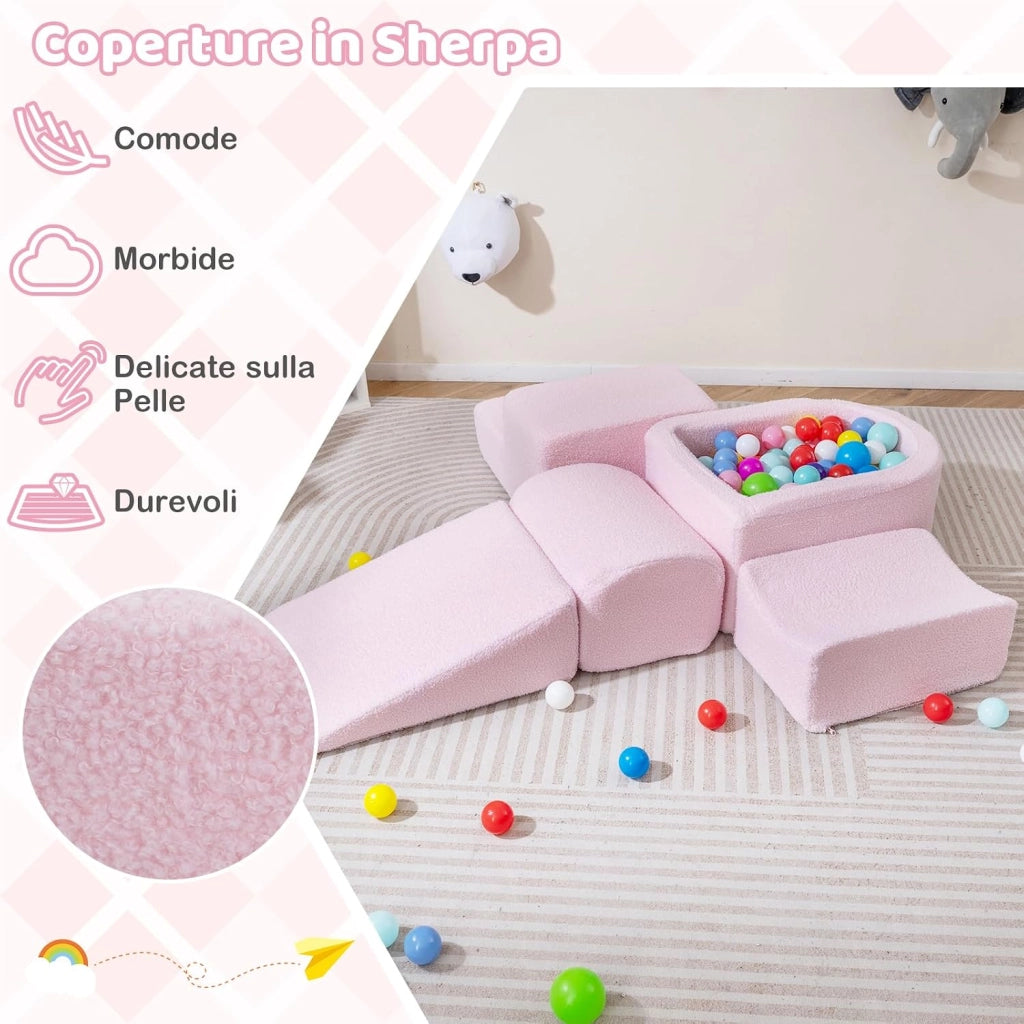 Blocchi da Arrampicata in Schiuma per Bambini, con Piscina di Palline, Set di 5 Pezzi per Arrampicata e Strisciamento, Set da Gioco da Interno per Bambini 3 Anni+ (Rosa,Sherpa)