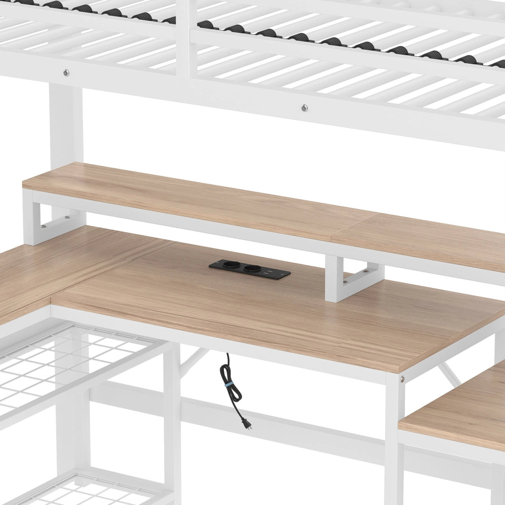 Letto a soppalco 90x200 cm in metallo e MDF; con scrivania; LED e USB; bianco